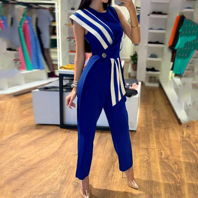 Women's Dress With Wrap Striped Print Button Waist Street Style Two Piece Suit - Blue - Suits & Sets - Carvan Mart