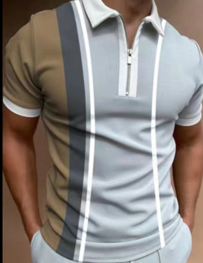 Men's Polo Striped Printed Short Sleeve T-Shirt - Khaki - Men's Shirts - Carvan Mart