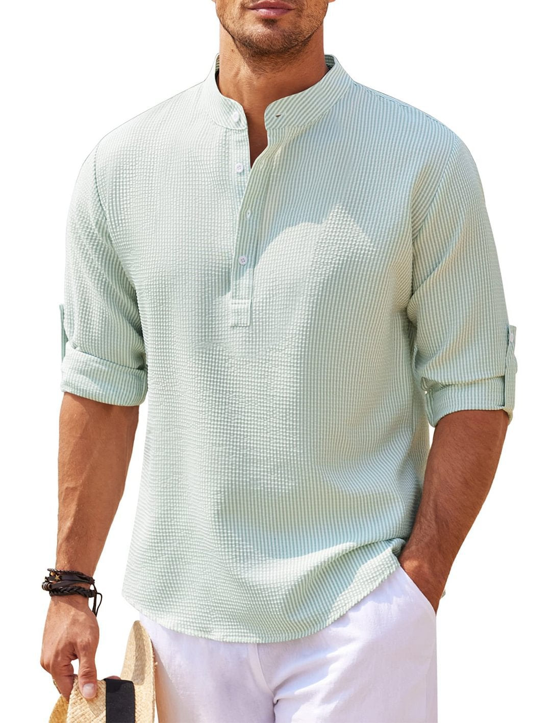 Men's Casual Shirt  Long Sleeve Stand Collar Solid Color Shirt Mens Clothing - Carvan Mart Ltd