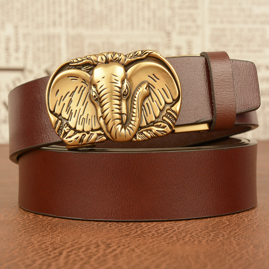 Elephant Automatic Buckle Belt Cowhide Casual - Curry antique copper buckle - Men's Belts - Carvan Mart