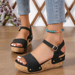 Roman Wedge Sandals For Women Rivet Buckle Strap Thick Platform Shoes Summer - Carvan Mart
