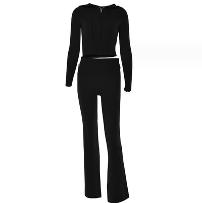 Hoodie Suit Leisure Zip Long Sleeve High Waist Women Long Pant Suit - Black suit - Suits & Sets - Carvan Mart