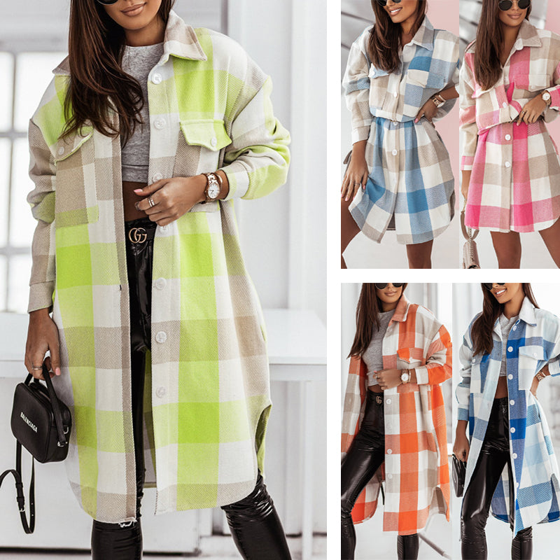 Women's Fashion Long Sleeve Color Plaid Brushed Woolen Long Coat - Carvan Mart