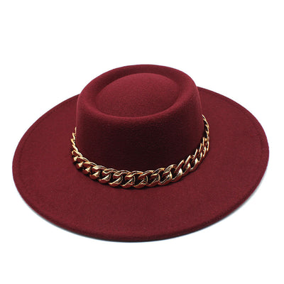 British Elegance Round Concave Flat Top Woolen Hat - Wine Red M56to58cm - Men's Hats & Caps - Carvan Mart