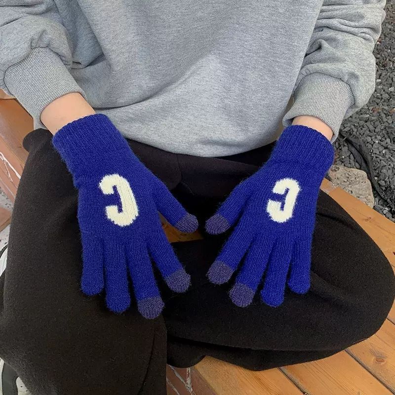 Candy Color Letter C Thick Cute Wool Knitted Warm Gloves - Sapphire Blue - Women Gloves & Mittens - Carvan Mart