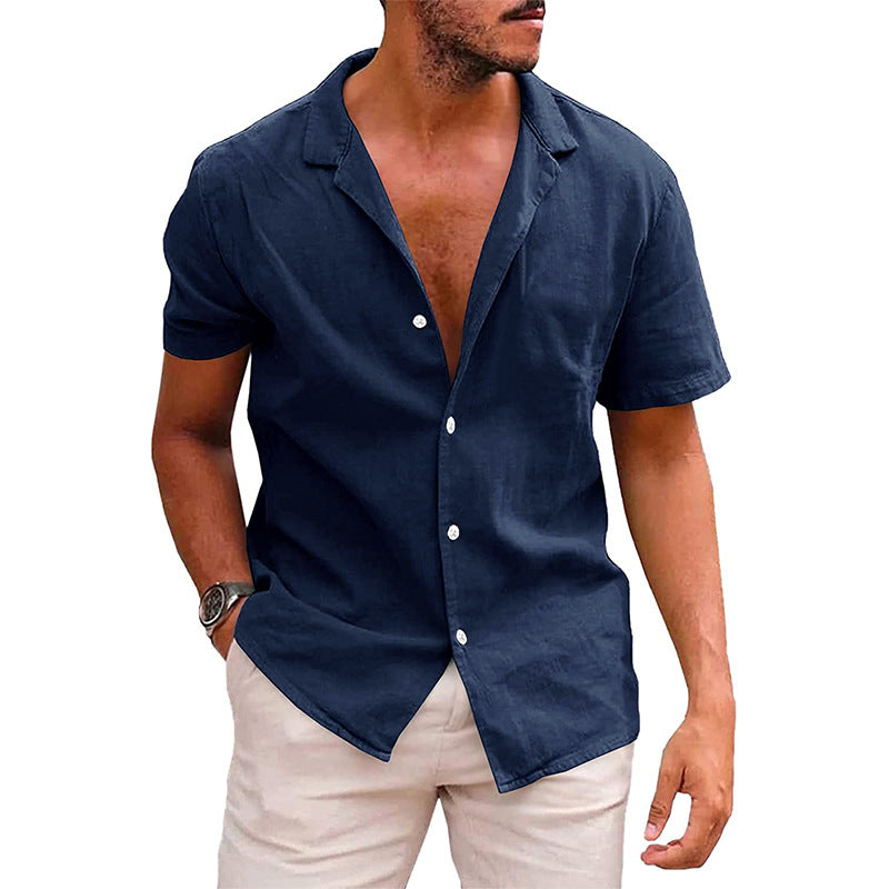 Men's Tops Casual Button Down Shirt Short Sleeve Beach Shirt Summer - Navy blue - Men's Shirts - Carvan Mart