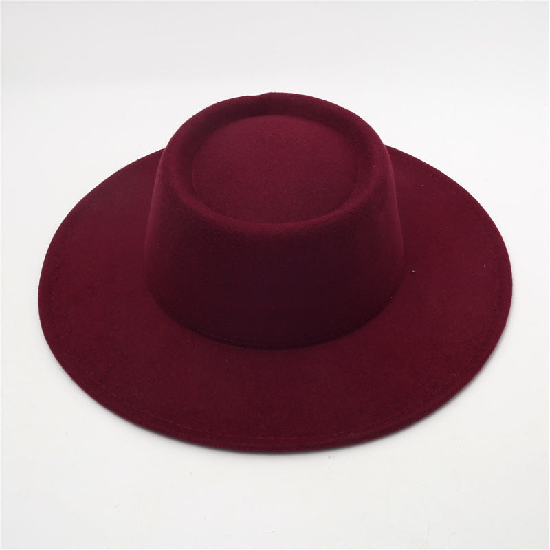 Retro Fedora 8cm Wide Brim Solid Color Concave-convex Dome Woolen Hat - Burgundy Average Size - Men's Hats & Caps - Carvan Mart