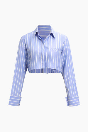 Women's Lapel Stripe Pockets Long Sleeved Loose Short Shirt - Carvan Mart