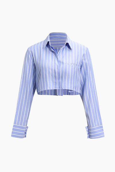 Women's Lapel Stripe Pockets Long Sleeved Loose Short Shirt - Blue - Blouses & Shirts - Carvan Mart