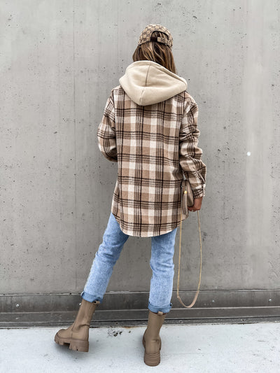 Ins Women's Woolen Jacket Winter Fashion Plaid Hooded Coat With Detachable Cap Pockets Design Shirt Outerwear - Carvan Mart