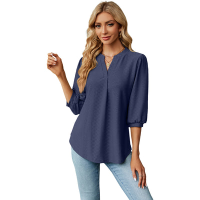Solid Color Lace Collar Jacquard Long Sleeve Loose-fitting T-shirt Top - Carvan Mart