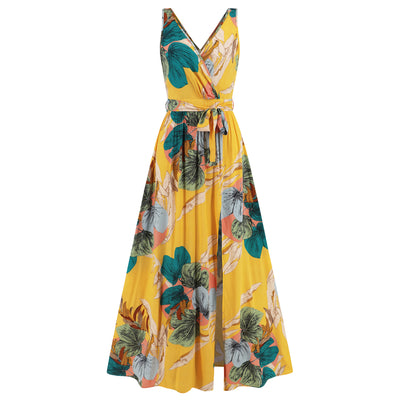 Women's Long Dress Floral Print  V-neck Summer Sleeveless Dress - Carvan Mart