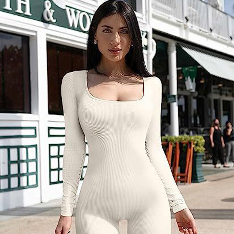 Women's Sports Fitness Jumpsuit Yoga Workout Long Sleeve Jumpsuit - Beige - Jumpsuits & Rompers - Carvan Mart