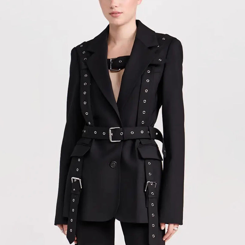 Street Style Coat Temperament Rivet Buckle Decorative Design Tight Waist Slim Suit Coat - Black - Women's Coats & Jackets - Carvan Mart