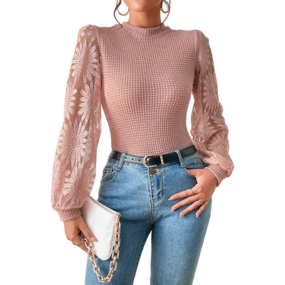 Knitwear Women's Lace Stitching Hollow-out Long-sleeved Top - Carvan Mart