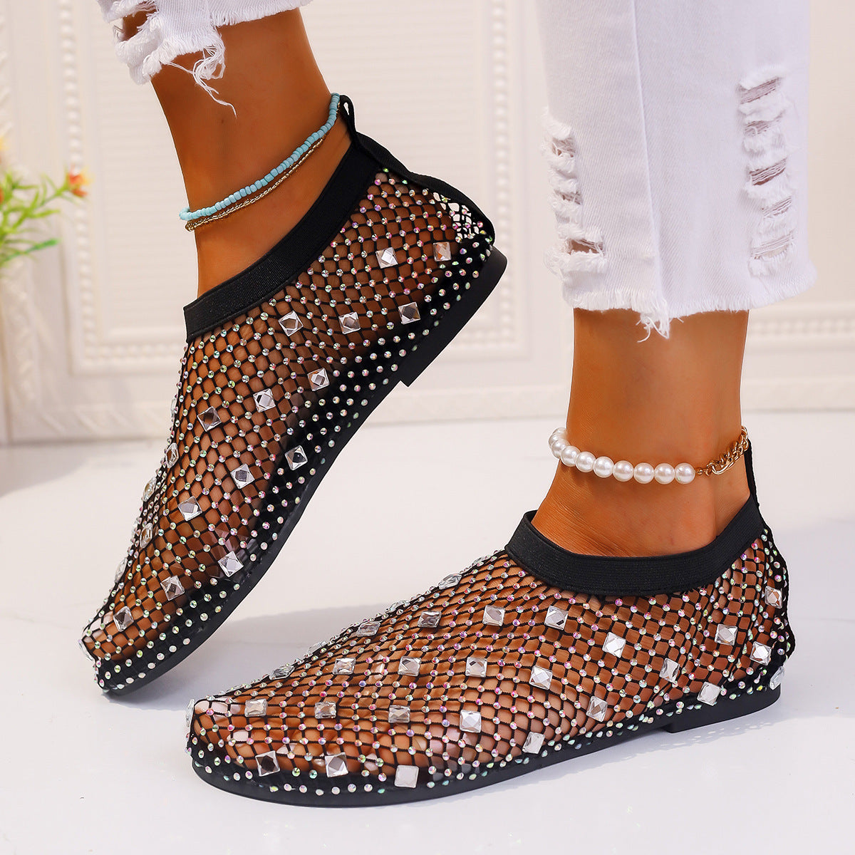 Mesh Flat Sandals With Colorful Rhinestone Summer Round Toe Beach Shoes For Women - Black White Rhinestone - Women's Sandals - Carvan Mart