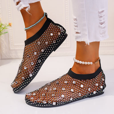 Mesh Flat Sandals With Colorful Rhinestone Summer Round Toe Beach Shoes For Women - Carvan Mart