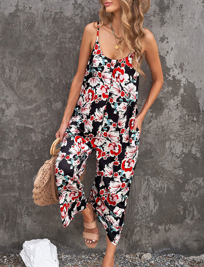 Jumpsuit Flowers Print Suspender With Pockets Fashion Round-neck Overalls For Women - Red - Jumpsuits & Rompers - Carvan Mart