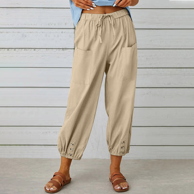 Women's Drawstring Tie Pants Cotton And Linen Trousers - Khaki - Pants & Capris - Carvan Mart