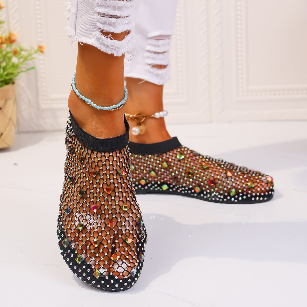 Mesh Flat Sandals With Colorful Rhinestone Summer Round Toe Beach Shoes For Women - Carvan Mart