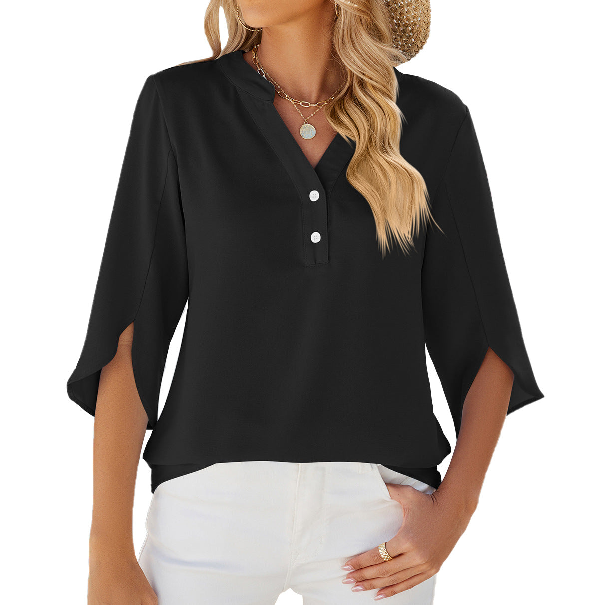 Button V-neck Mid-sleeve Chiffon Shirt Women's Solid Color Top - Black - Tops & Tees - Carvan Mart