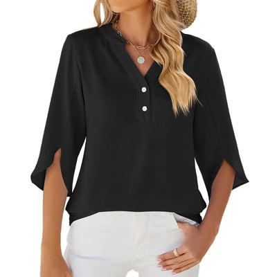 Button V-neck Mid-sleeve Chiffon Shirt Women's Solid Color Top - Carvan Mart