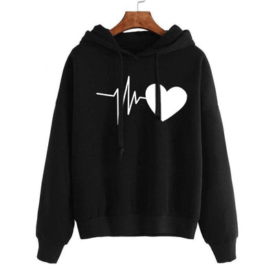 Heart Print Streetwear Hoodies Women Sweatshirt Spring Autumn Long Sleeve Hoodie Clothes - Black - Women Hoodies & Sweatshirts - Carvan Mart