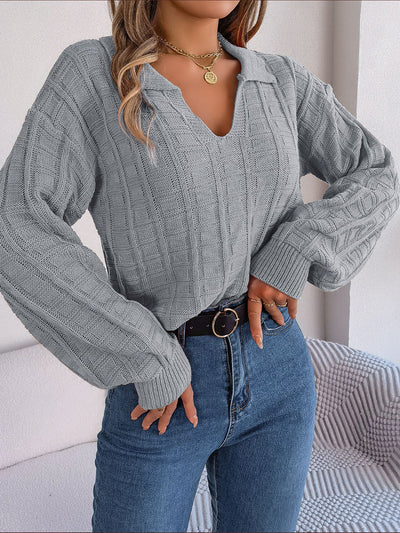 Casual Polo Collar Solid Color Plaid Long Sleeve Knitted Pullover Sweater - Carvan Mart