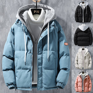 Fashion Hooded Men Winter Windproof Thickened Fake Two-piece Coat Solid Leisure Cotton Jacket - Carvan Mart