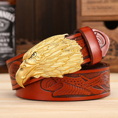 Fashion Cowhide Leisure Eagle Head Belt - Brown gold buckle - Men's Belts - Carvan Mart