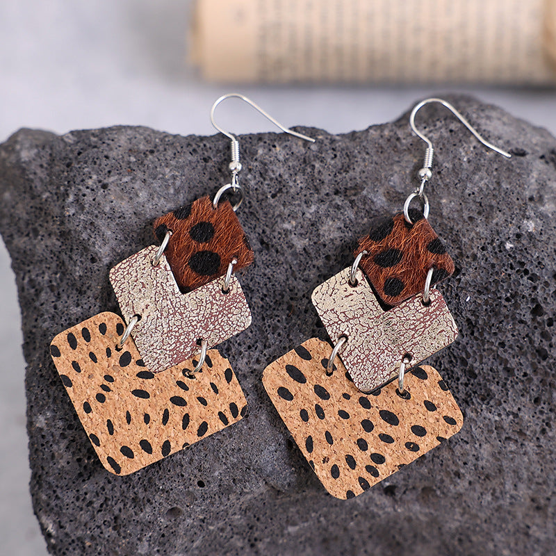 Vintage Leopard Print Stitching Leather Earrings - - Earrings - Carvan Mart