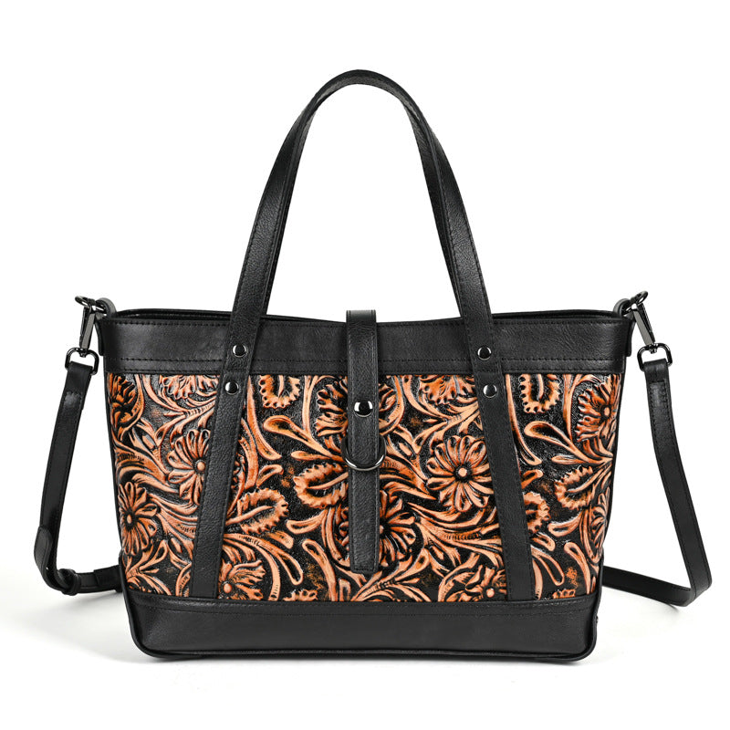 Genuine Leather Hand Carved Bag Engraved Vegan Leather Handbag - Retro Black - Shoulder Bags - Carvan Mart