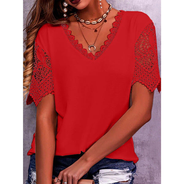 Lace Tops Women Summer Loose V Neck Short Sleeve Casual Shirts - Red - Blouses & Shirts - Carvan Mart