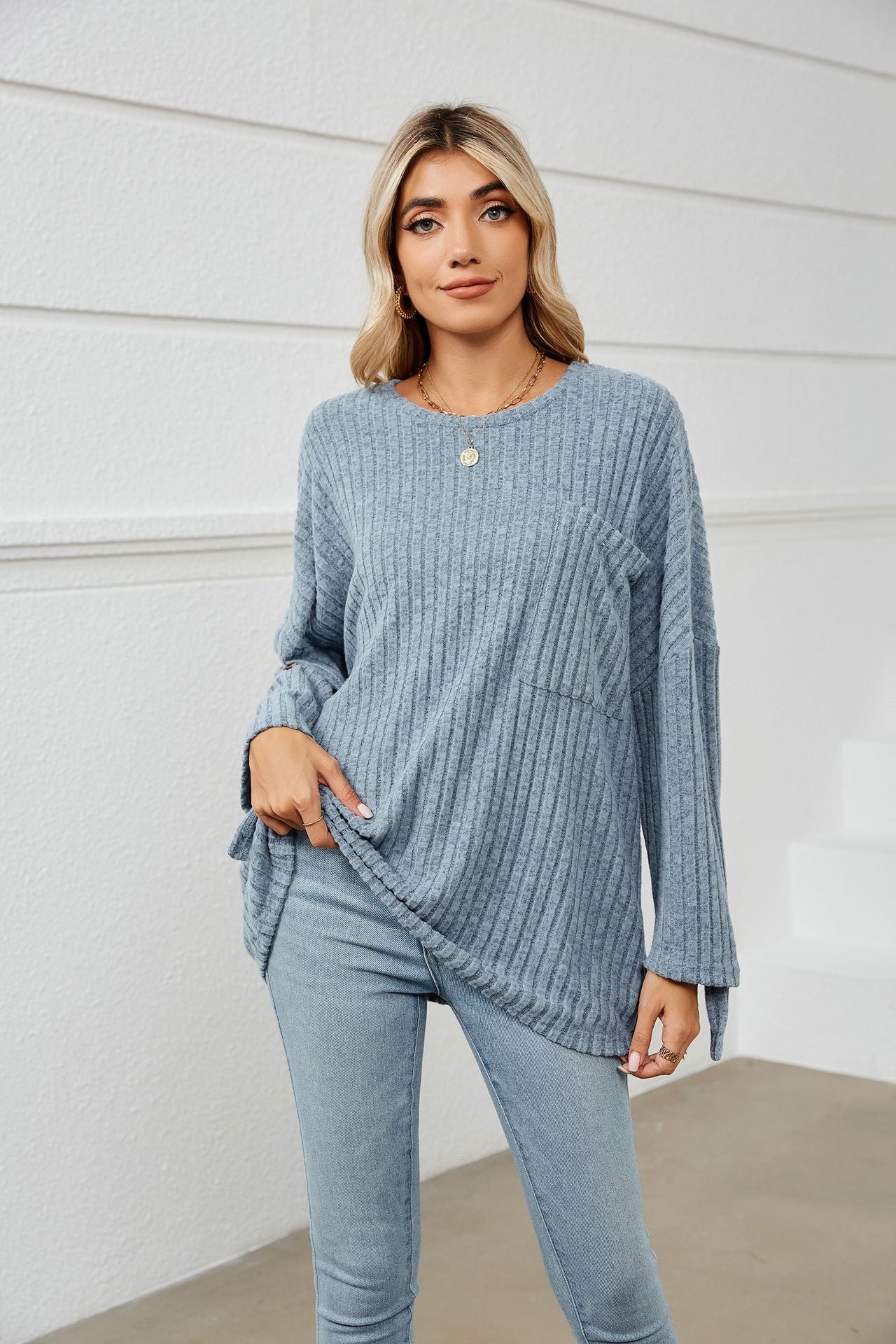 Women's Sunken Stripe Fleece Long-sleeve T-shirt Boat-neck Striped Tees - Carvan Mart