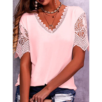 Lace Tops Women Summer Loose V Neck Short Sleeve Casual Shirts - Pink - Blouses & Shirts - Carvan Mart