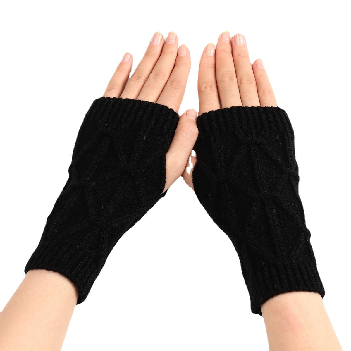 Rhombus Fashion Oversleeve Knitted Wool Keep Warm Half Finger Gloves - - Women Gloves & Mittens - Carvan Mart