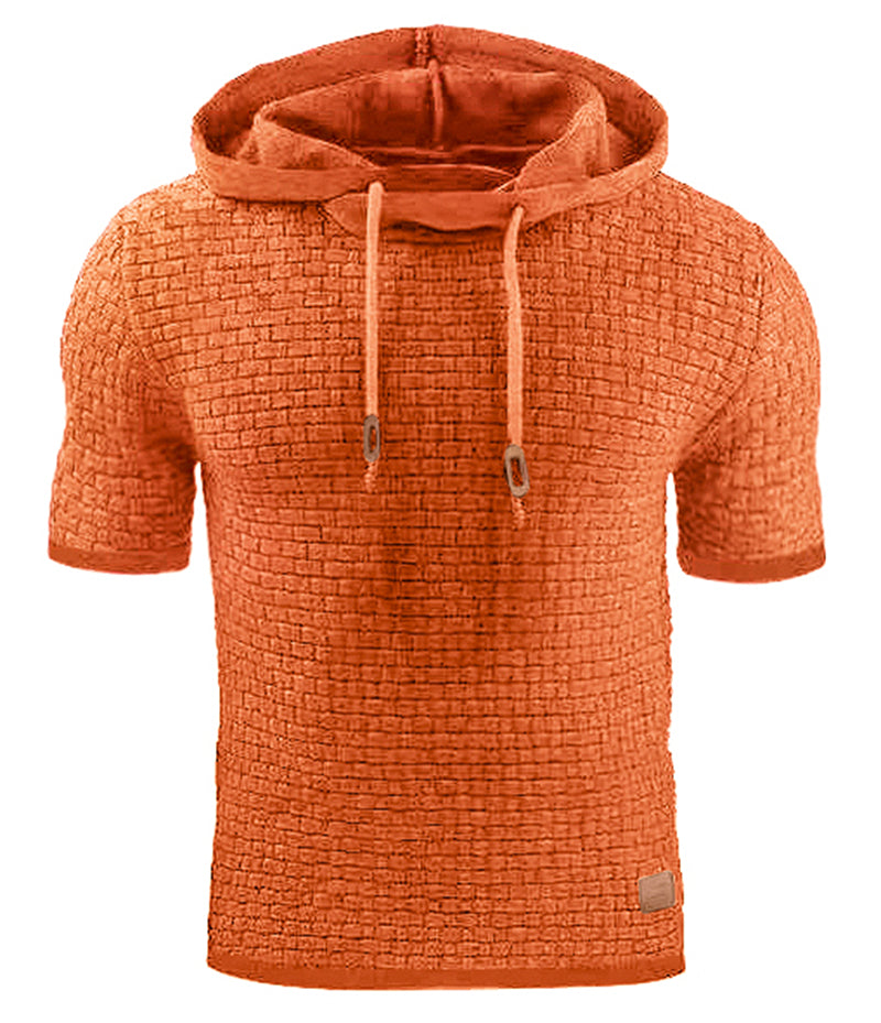 Mens Hooded Sweatshirt Short Sleeve Solid Knitted Hoodie Pullover Sweater - Orange - Men's Sweaters - Carvan Mart