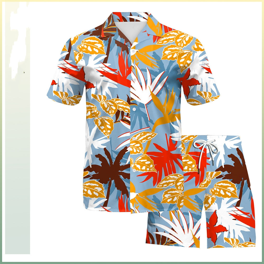 Men's Beach Digital Printed Shorts Shirt Inner Mesh Suit - - Men Suits & Sets - Carvan Mart