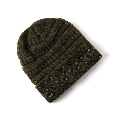 Beanie Women's Warm Leopard Print Knitted Hat - Olive Green One Size - Women's Hats & Caps - Carvan Mart