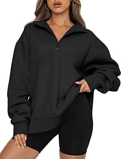 Women Sweatshirts Zip Turndown Collar Loose Casual Tops Clothes - Black - Women Hoodies & Sweatshirts - Carvan Mart