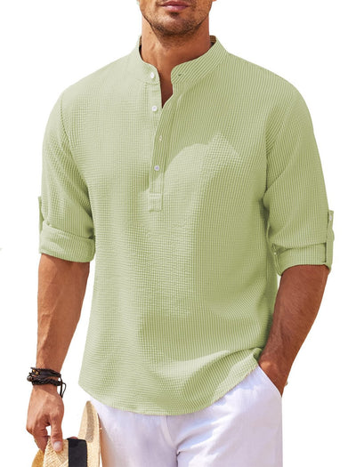 Men's Casual Long Sleeve Stand Collar Solid Color Shirt - Green - Men's Shirts - Carvan Mart