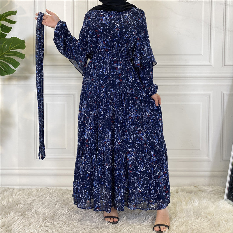 Muslim Long Sleeve Lined Chiffon Printed Lace-up Female Large Swing Dress - Carvan Mart Ltd
