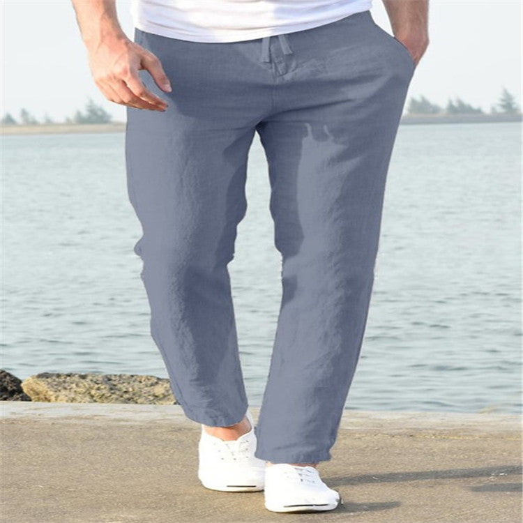Men's Linen Summer Casual Pants - Comfortable Drawstring Trousers - Gray - Men's Pants - Carvan Mart