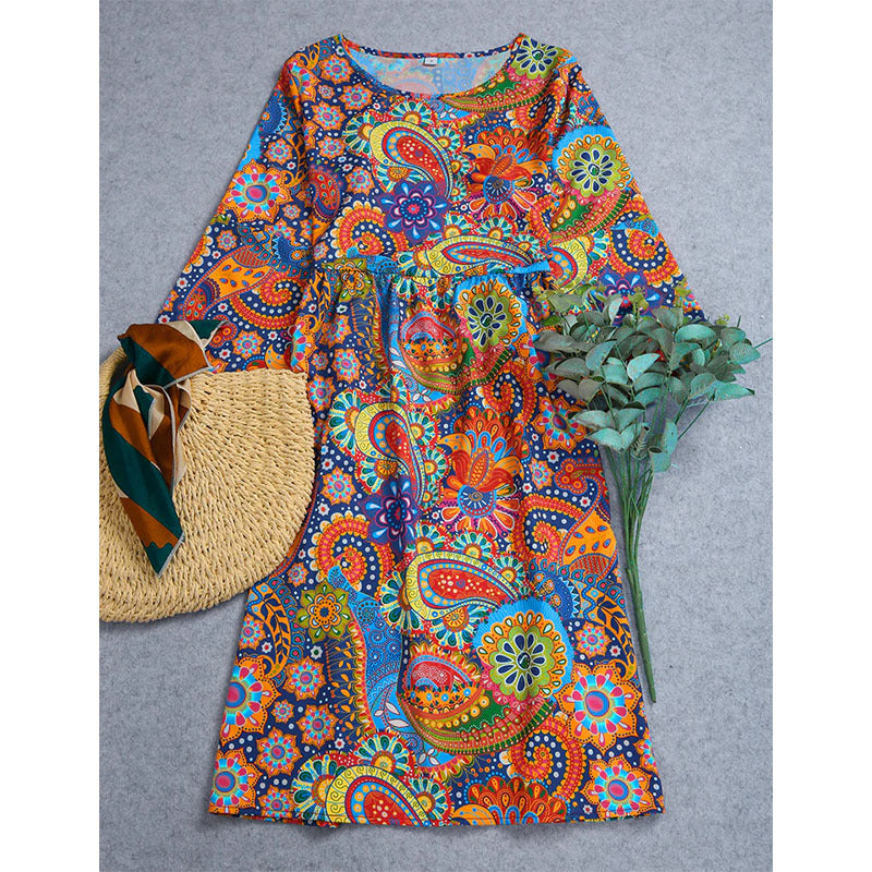 Women's Plus Size Boho Paisley Print Ruched Dress with Half Sleeves - Carvan Mart