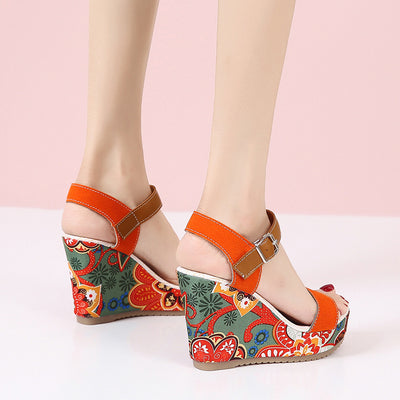 High Wedge Sandals For Women Flowers Embroidered Summer Toe Platform Buckle Shoes - Carvan Mart