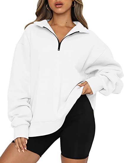 Women Sweatshirts Zip Turndown Collar Loose Casual Tops Clothes - White - Women Hoodies & Sweatshirts - Carvan Mart