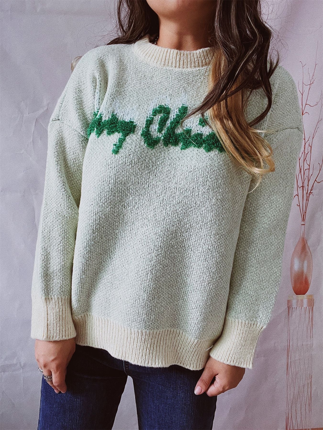 Women's Fashion Round Neck Long Sleeve Letter Brocade Sweater - Carvan Mart