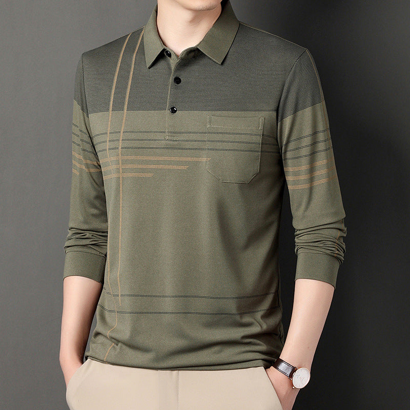 Modern Slim-fit Shirts Men's Long Sleeve Striped Lapel T-shirt - Green - Men's Shirts - Carvan Mart