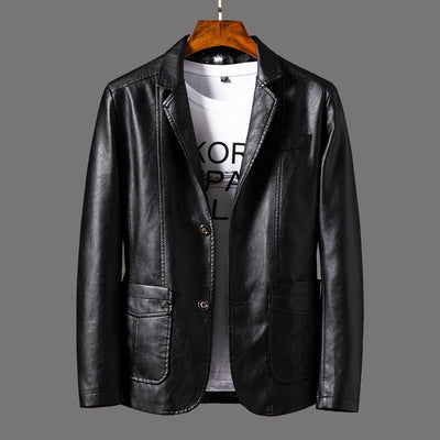 Leather Men's Autumn And Winter Jacket Thin Lapel - Black Plus velvet - Genuine Leather - Carvan Mart