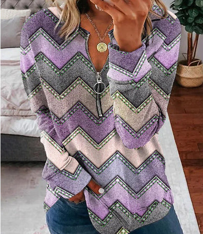 Striped Printed Shirt Long-sleeve Zipper Women's Top - Vibrant 001 - Winter Tops - Carvan Mart